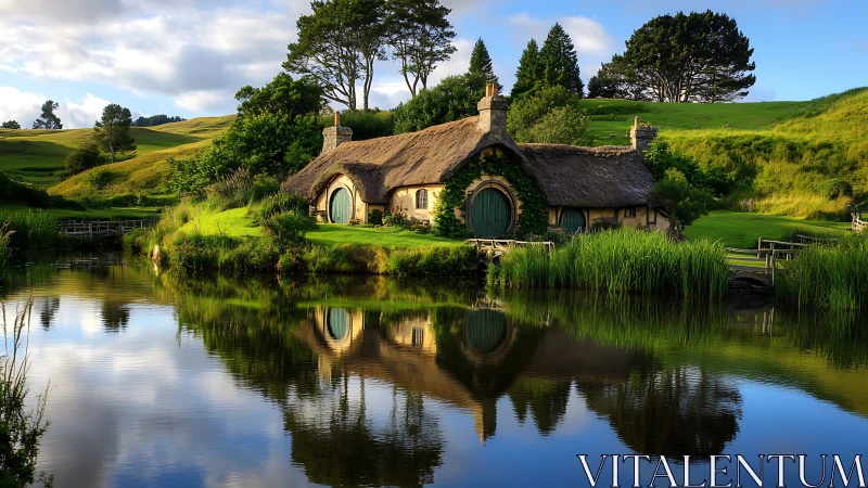 Thatched hobbit-style cottage reflects in calm rural pond surface