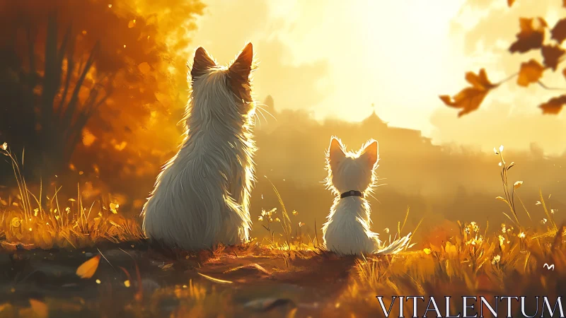 Golden Hour Corgi Siblings in Luminous Pastoral Landscape with Dramatic Backlighting