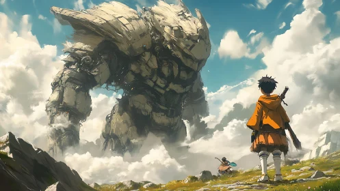 Two human figures observe a towering stone-like mech