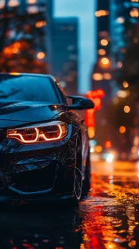 Rain-soaked sports car glows under neon city bokeh night