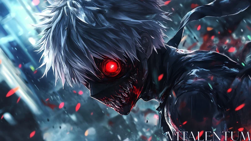 White-haired cyber ghoul with glowing red eye in motion.