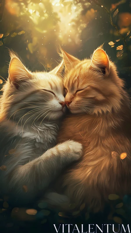 Two Felines in Golden Luminescence: Embraced Cats with Ethereal Light.