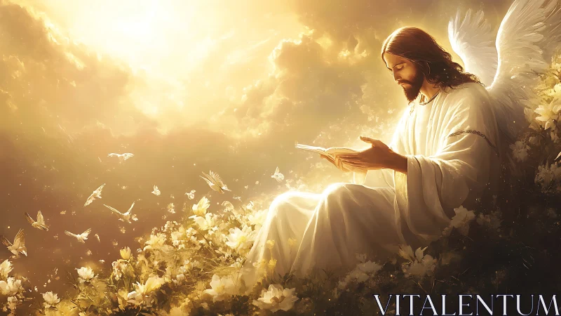 Angelic robed figure studies illuminated book in golden clouds