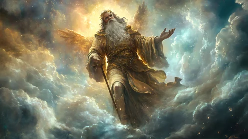Celestial robed elder angel emerging from radiant storm clouds