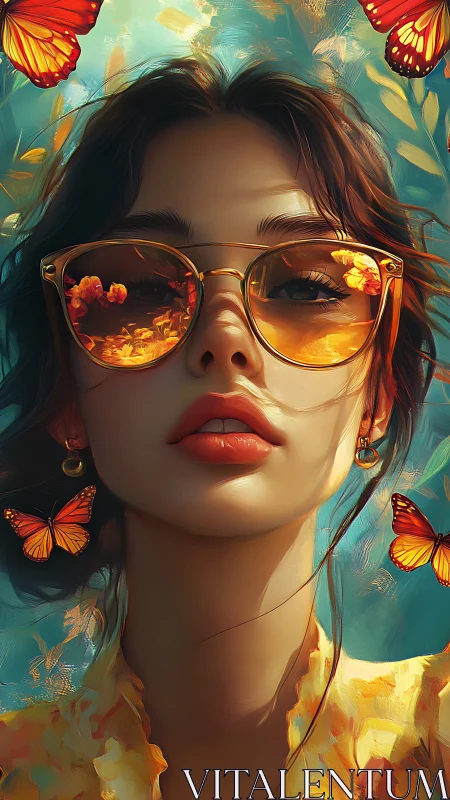 Sunlit daydream girl in golden glasses and butterflies.