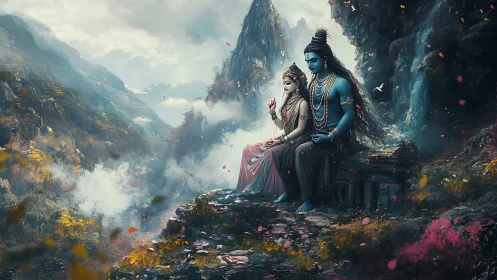 Divine blue-skinned couple resting on misty mountain ledge.