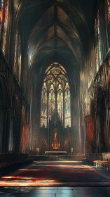 Gothic cathedral nave with stained glass light and altar glow.