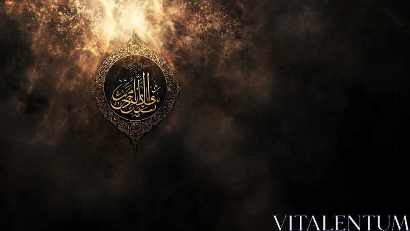 Arabic calligraphy medallion on dark textured background.