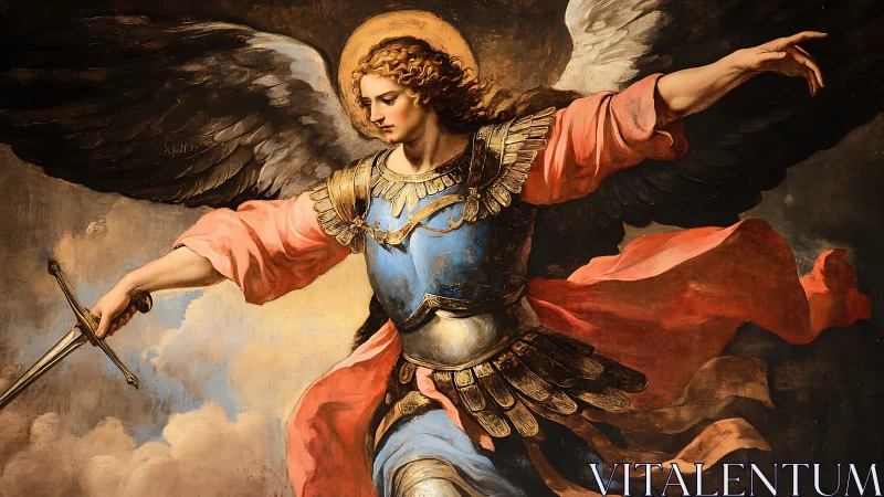 Winged armored figure with sword against clouded sky.