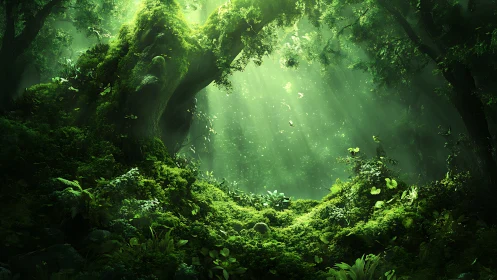 Emerald Forest Canopy with Volumetric Light Rays.