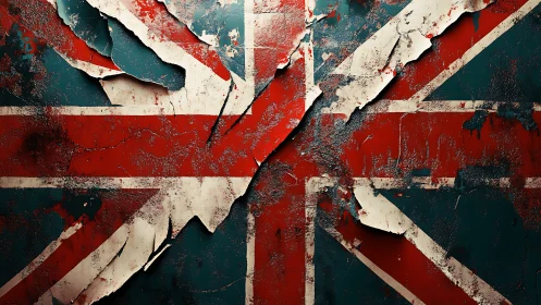 Torn Union Jack wall peels into rust, grit, and quiet defiance.