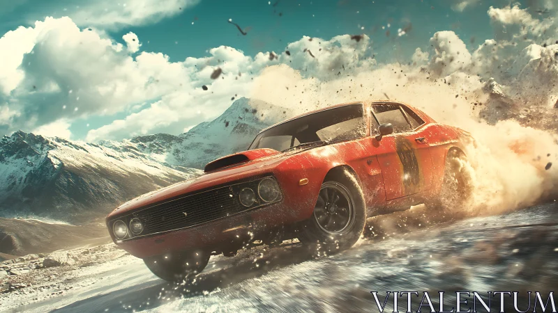 Retro muscle rally car drifting across icy alpine pass