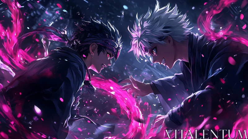 Dueling sorcerers locked in neon magenta energy clash at night.