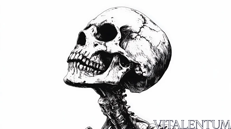 Ink-carved skull gazes upward in stark skeletal reverie.