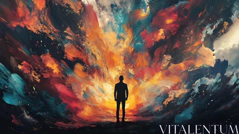 Silhouetted figure before expansive abstract color field.