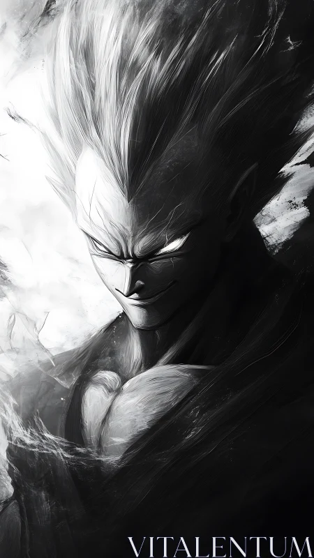 Monochrome anime villain emerges from swirling darkness