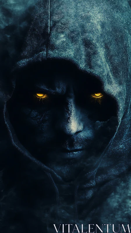 Glowing eyes emerge from a shadowed hood in swirling mist