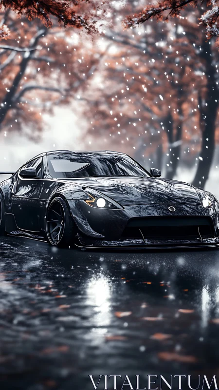 Widebody sports coupe in cinematic winter street scene.