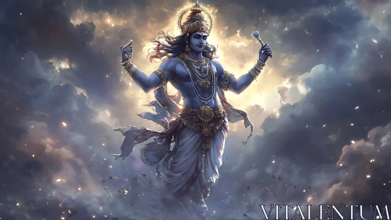 Mythological blue-skinned deity figure in luminous clouds.