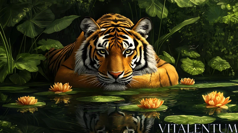 Bengal tiger resting in lush lily pond with reflective water