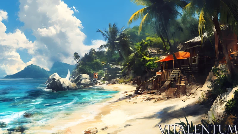 Tropical Island Sanctuary with Coastal Settlement and Volcanic Peak