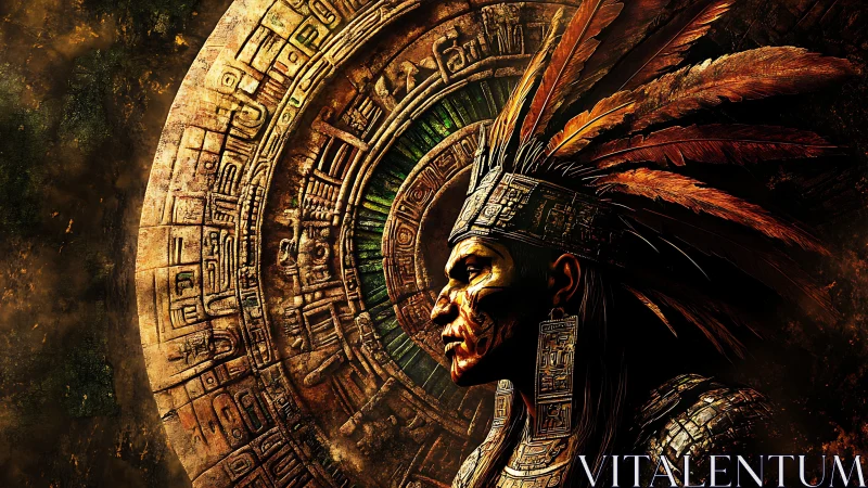 Mesoamerican warrior profile before luminous carved calendar.
