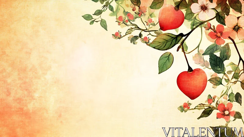 Vintage Botanical Heart Composition with Apple and Floral Vines.