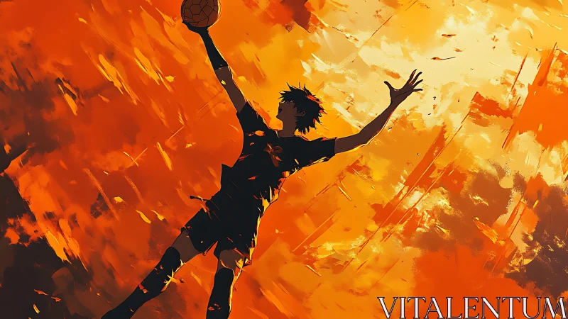 Soaring volleyball player in blazing orange abstraction.