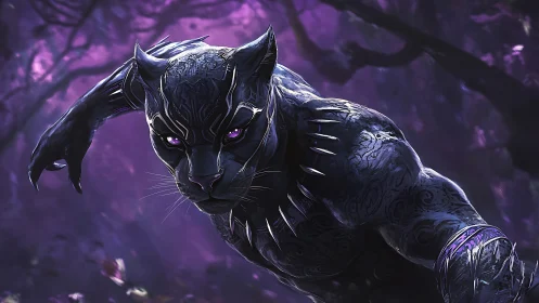Armored panther warrior lunges through luminous violet jungle