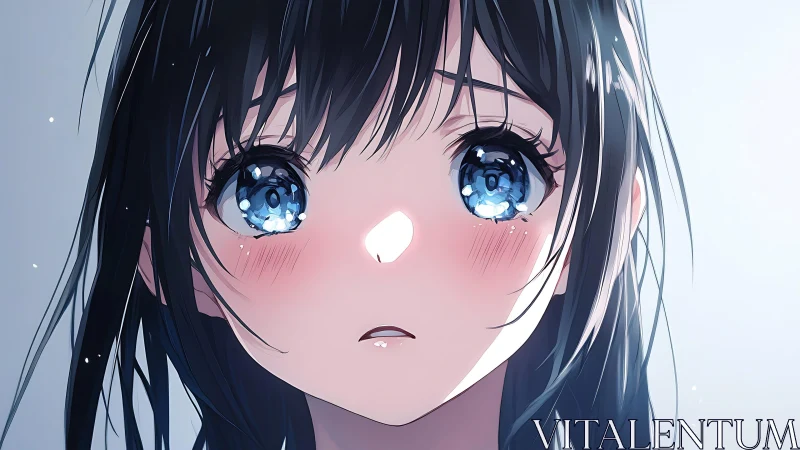 Tearful anime girl gazes upward with luminous blue eyes