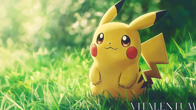 Pikachu sits in bright green grass under soft forest light