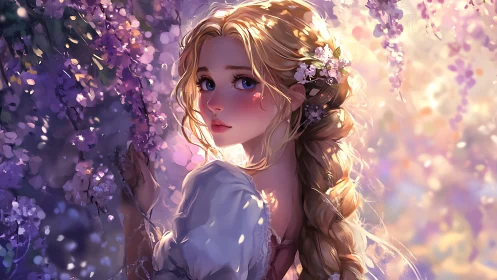 Golden haired girl stands in glowing wisteria garden
