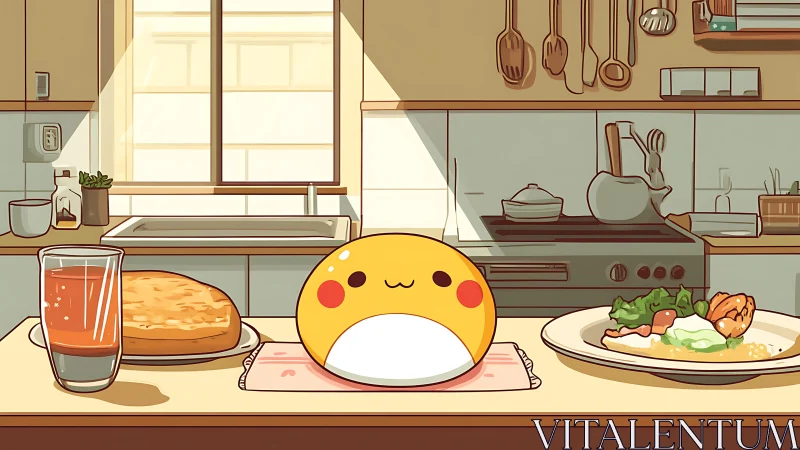 Cheerful breakfast buddy brightening a cozy kitchen table.