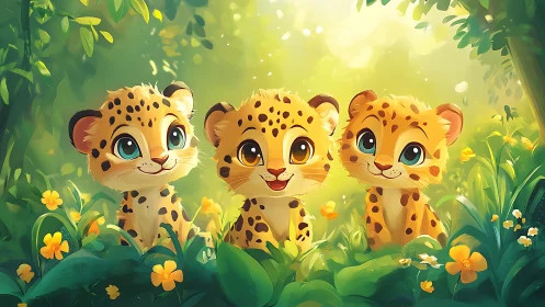 Three Spotted Cubs Strike Joyful Poses in Luminous Garden