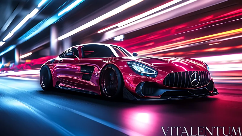 Crimson supercar slices neon tunnels into glowing ribbons
