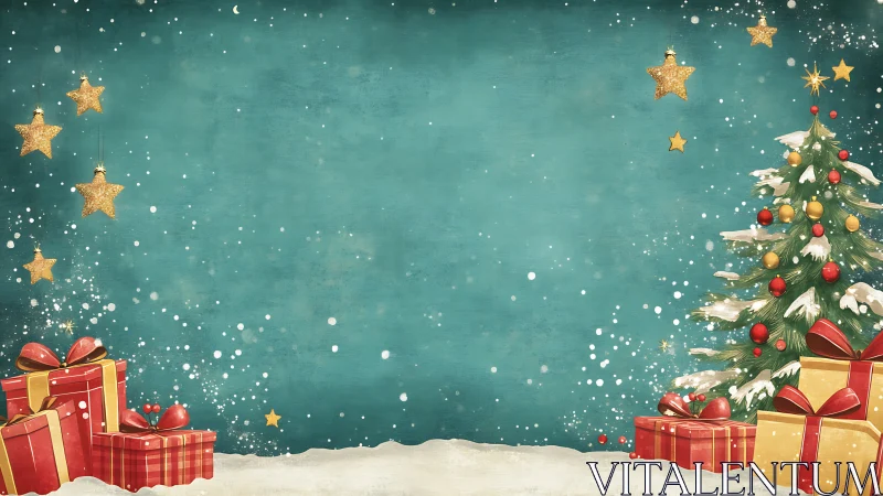 Symmetrical Christmas composition with gifts, snow and lit tree