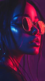 Portrait of woman in neon blue and magenta side lighting.