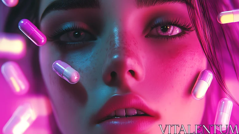 Neon-lit female face confronts floating capsules in silence.