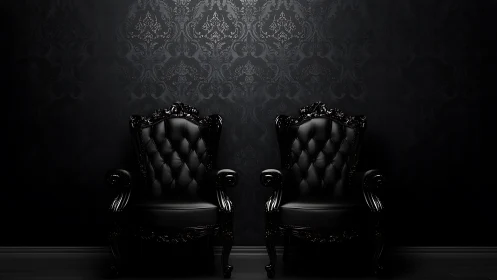 Twin black baroque armchairs stand in dark dramatic room