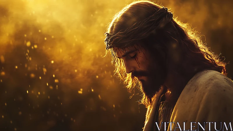 Crowned figure in golden backlight, solemn downward gaze.