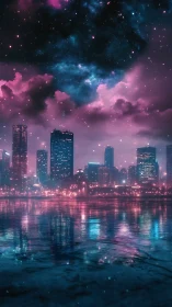 Neon city skyline glowing beneath a dreamy starlit cosmos.