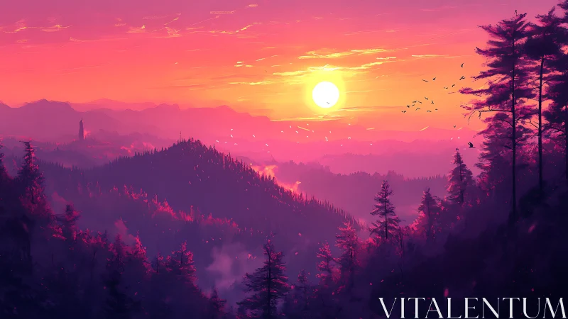 Sunset over layered conifer hills in magenta haze.