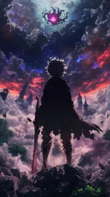 Cloaked figure surveys stormy sky with glowing portal above