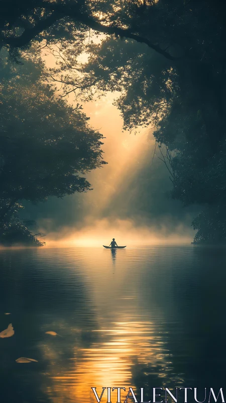 Solitary canoeist drifting through misty golden dawn glow.