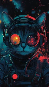 Cybernetic astronaut cat in teal red lighting, deep space field