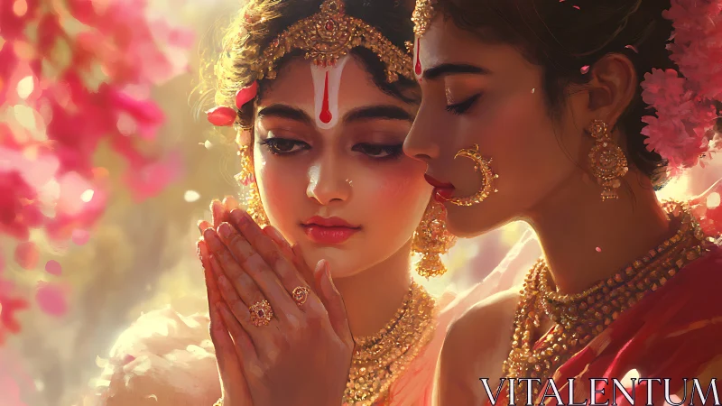 Two women in ornate traditional dress in soft focus portrait.