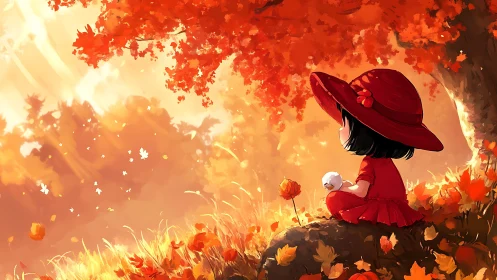 Autumn daydream with a small girl and a sea of orange light.