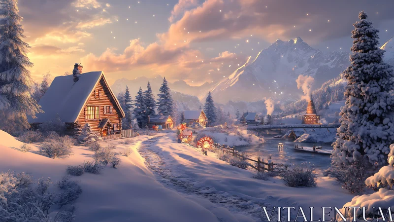 Snowy village cabins under warm sunset light in winter.