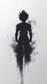 Ink-born warrior silhouette rising from stormy splatters.
