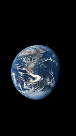 Planet Earth floats in deep black space with swirling clouds.